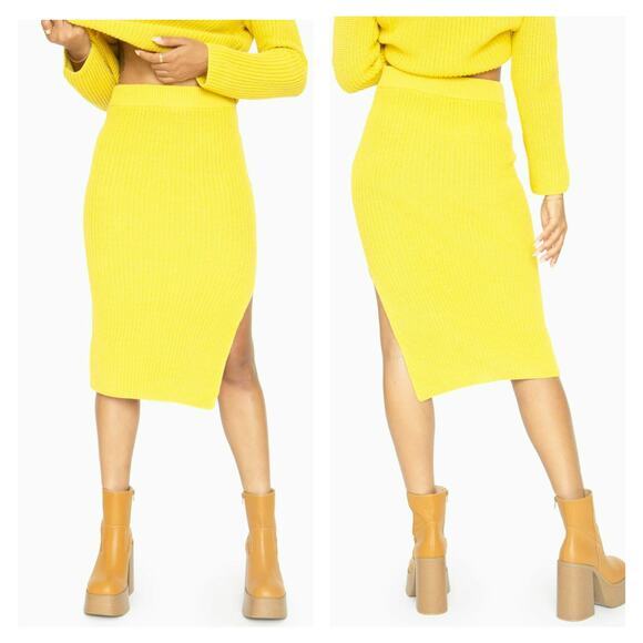 CALLAHAN Jada Midi Knit Pencil Skirt Womens Small Neon Yellow Sweater Fuzzy NEW - Picture 1 of 16